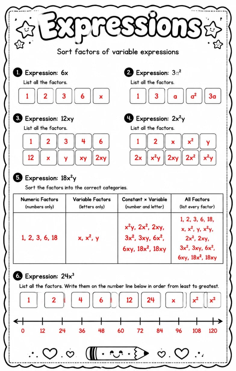 Answer key for Sort factors of variable expressions — free printable Math worksheet
