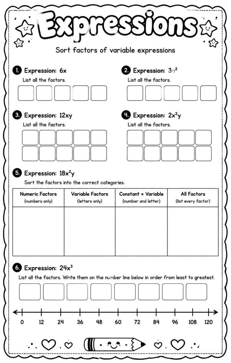 Sort factors of variable expressions — free printable Grade 6 math worksheet