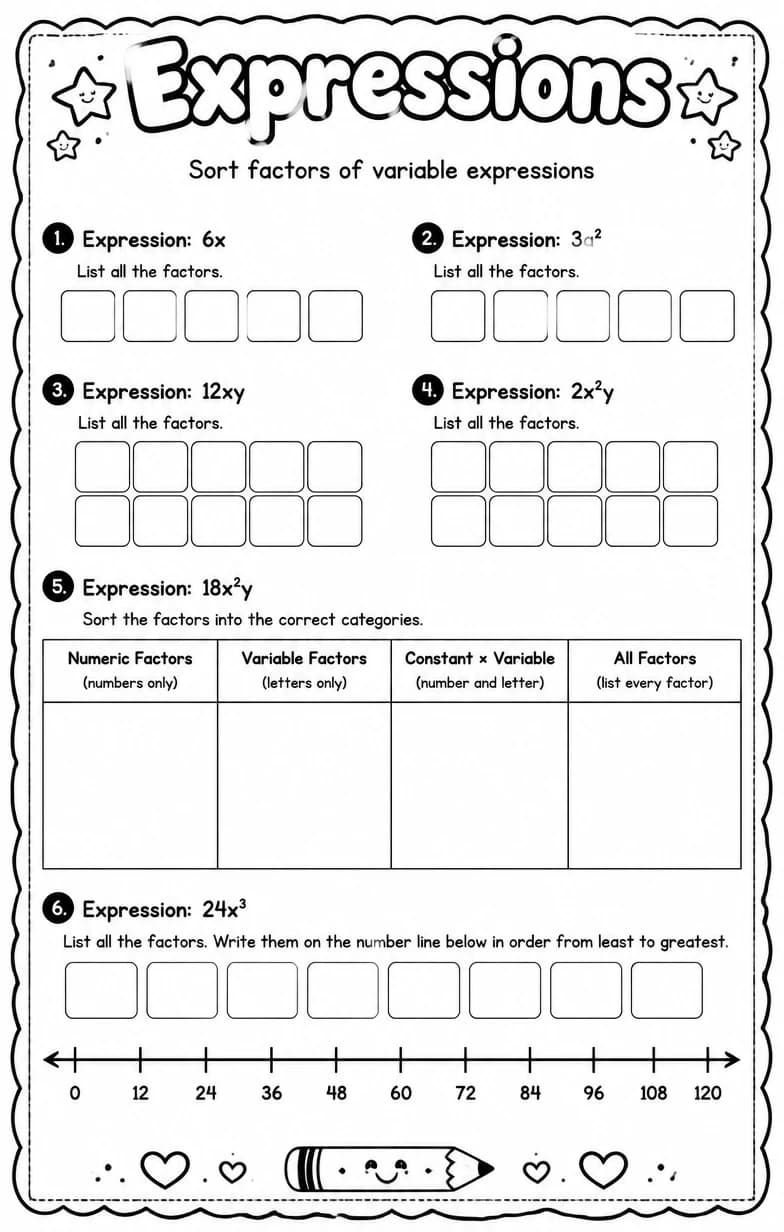 Sort factors of variable expressions — free printable Grade 6 math worksheet
