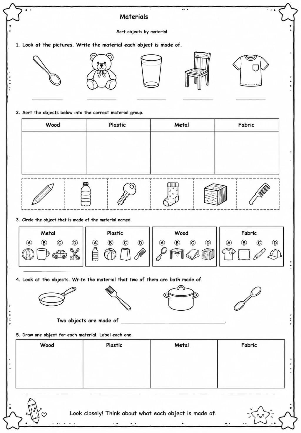 Sort objects by material — free printable Kindergarten Science worksheet