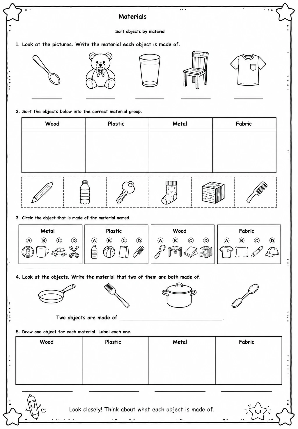 Sort objects by material — free printable Kindergarten Science worksheet