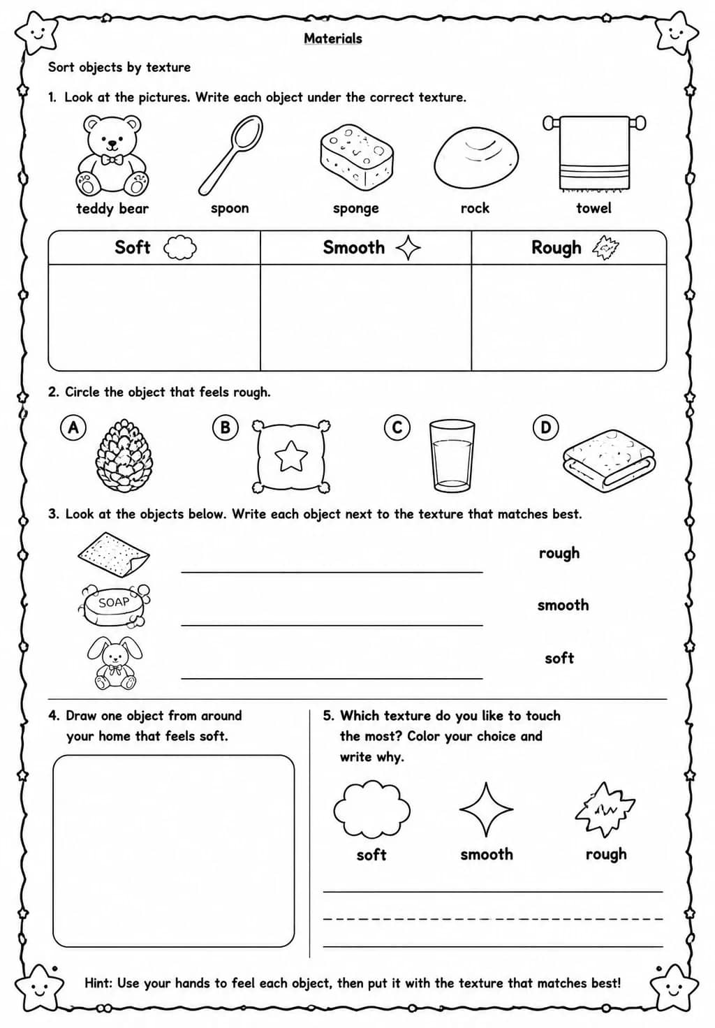 Sort objects by texture — free printable Kindergarten Science worksheet