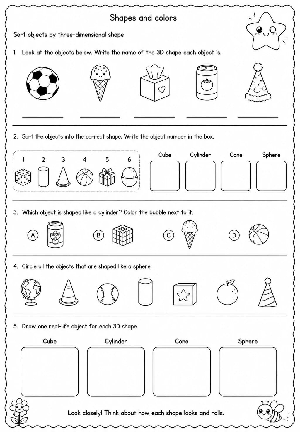 Sort objects by three-dimensional shape — free printable Kindergarten Science worksheet