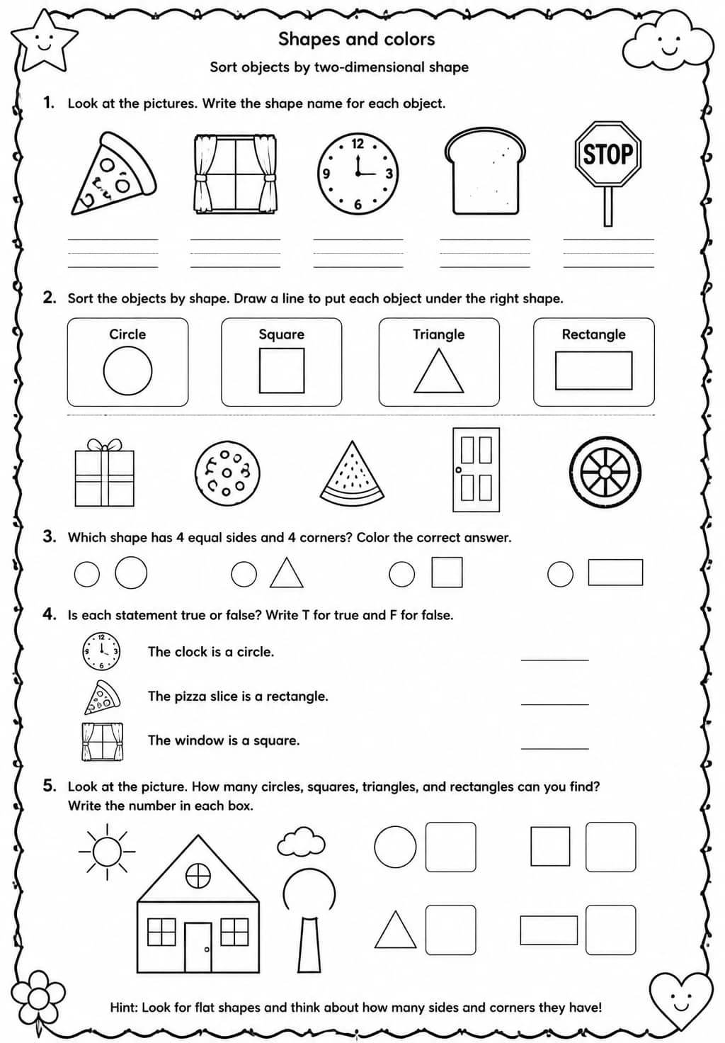 Sort objects by two-dimensional shape — free printable Kindergarten Science worksheet