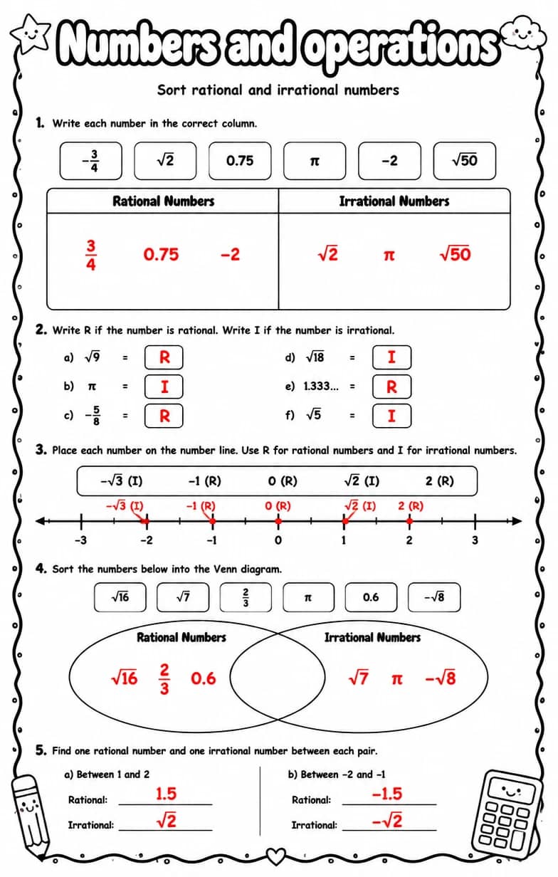 Answer key for Sort rational and irrational numbers — free printable Math worksheet