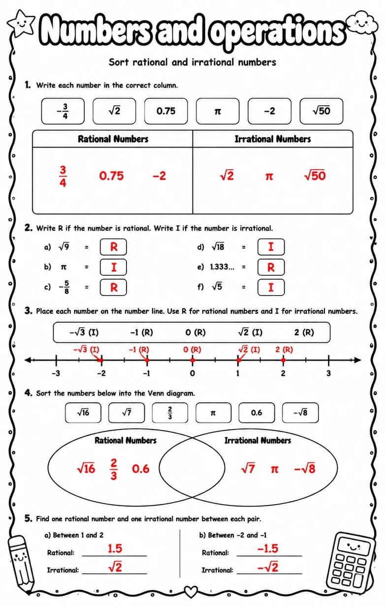 Answer key for Sort rational and irrational numbers — free printable Math worksheet