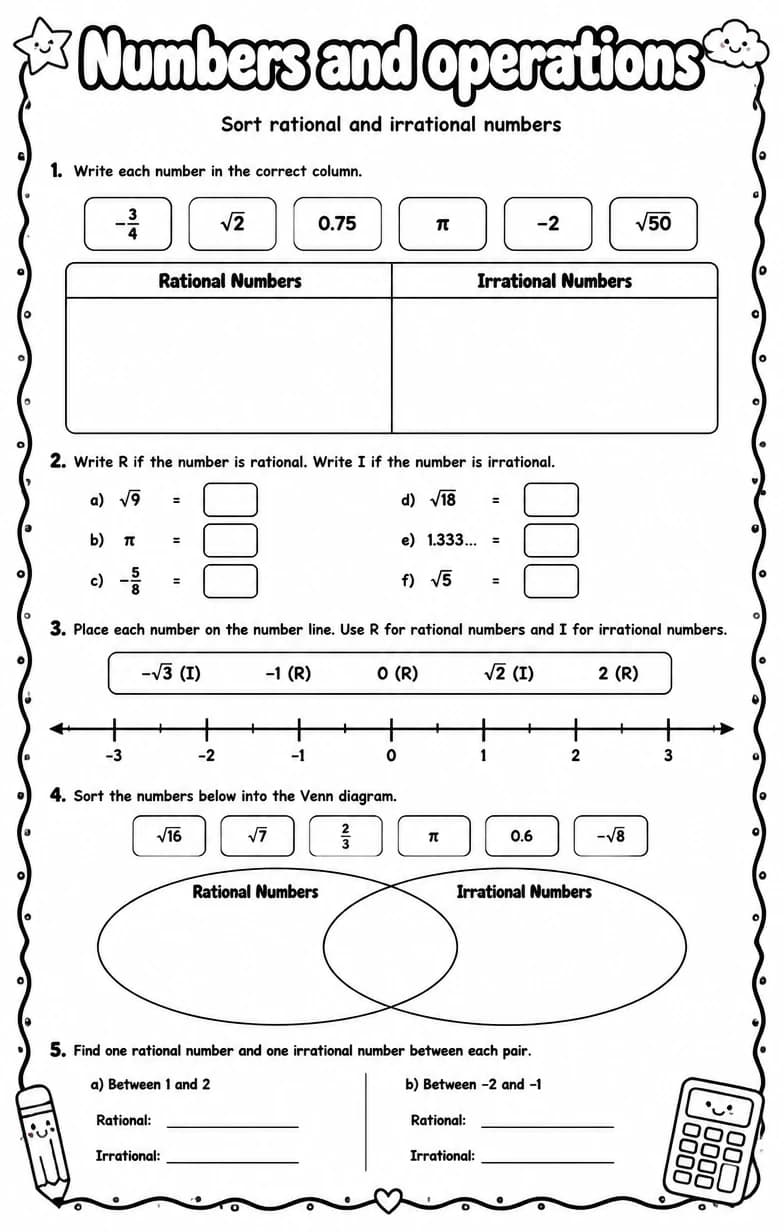 Sort rational and irrational numbers — free printable Algebra 1 math worksheet