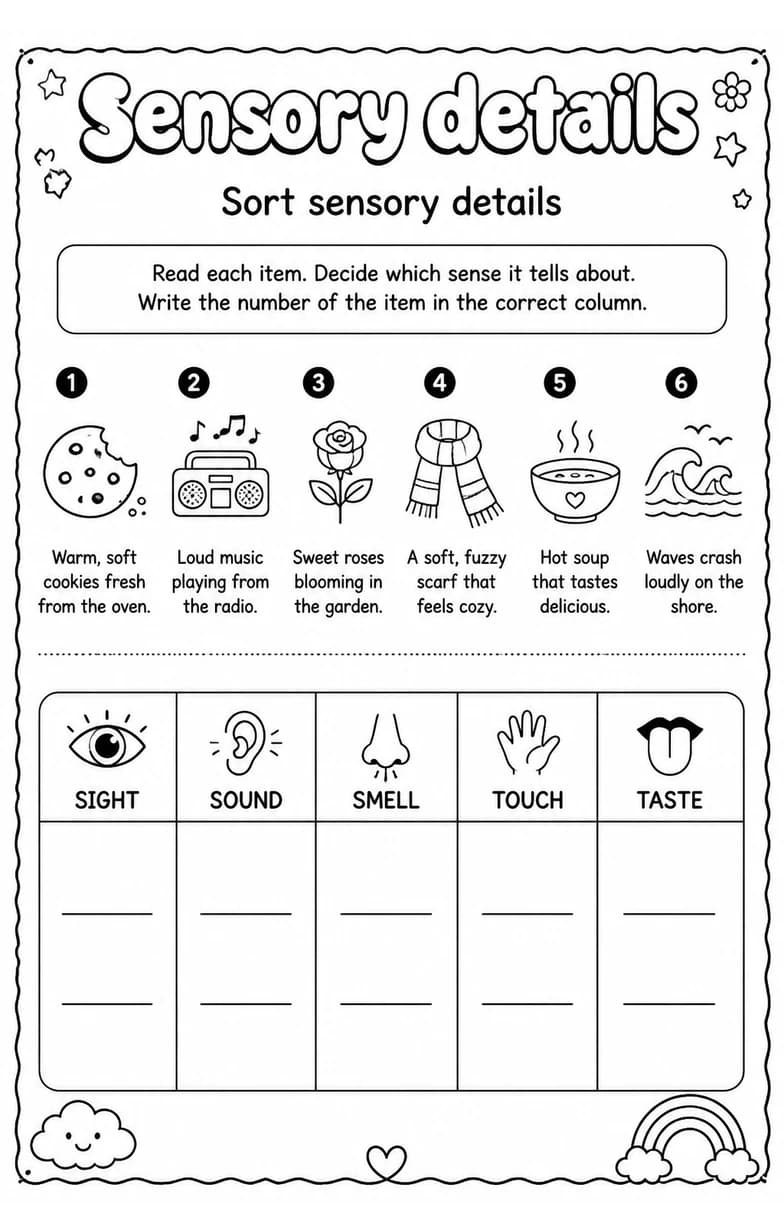 Sort sensory details — free printable Grade 3 English & Reading worksheet