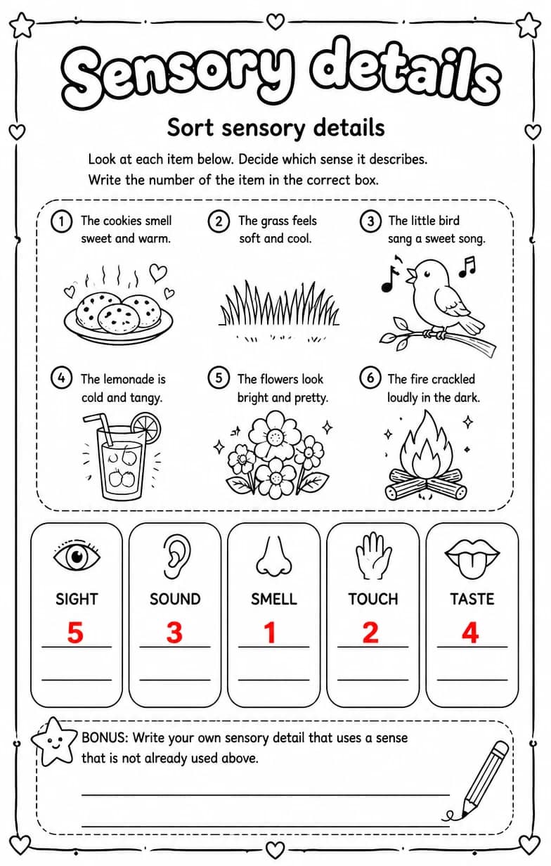 Answer key for Sort sensory details — free printable English & Reading worksheet