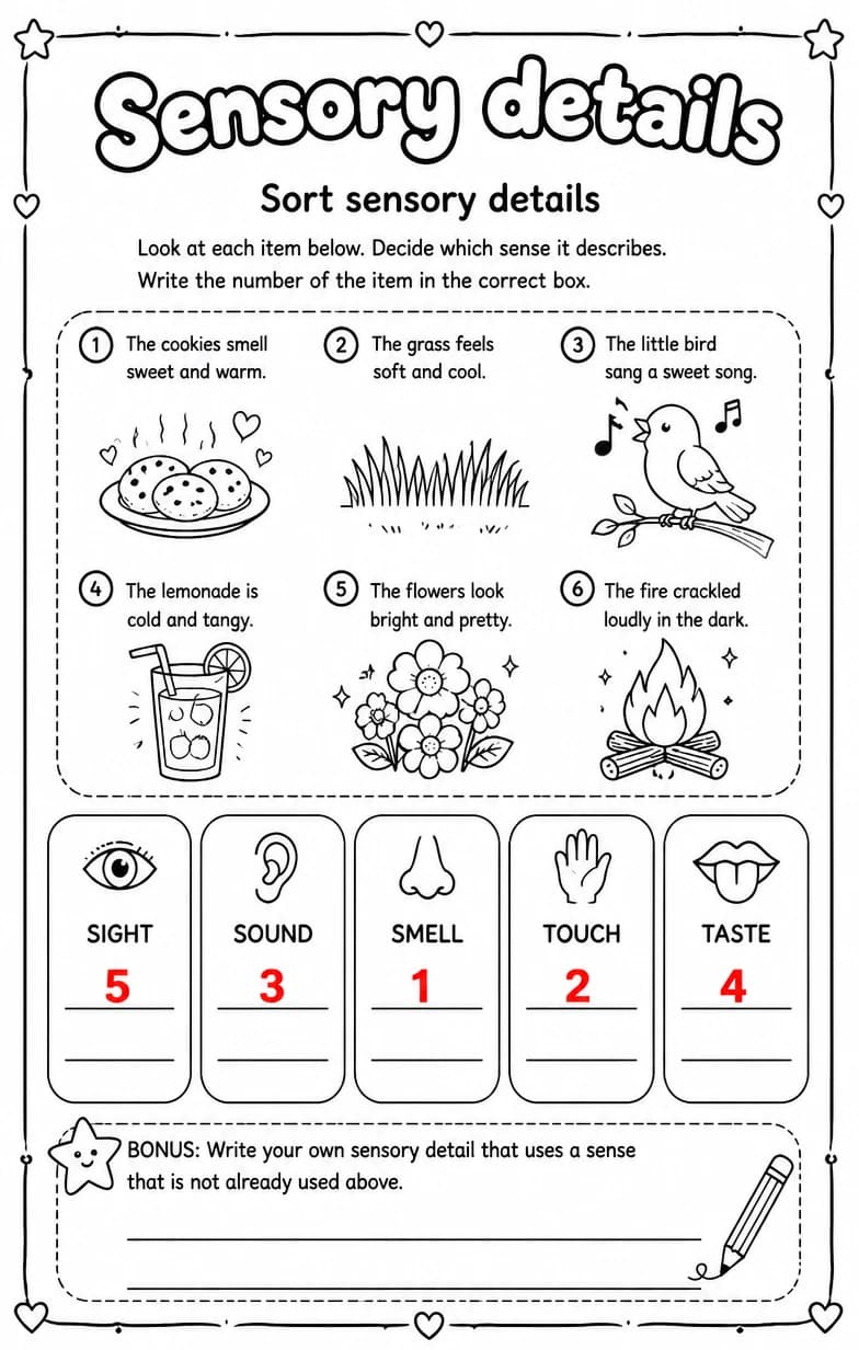Answer key for Sort sensory details — free printable English & Reading worksheet