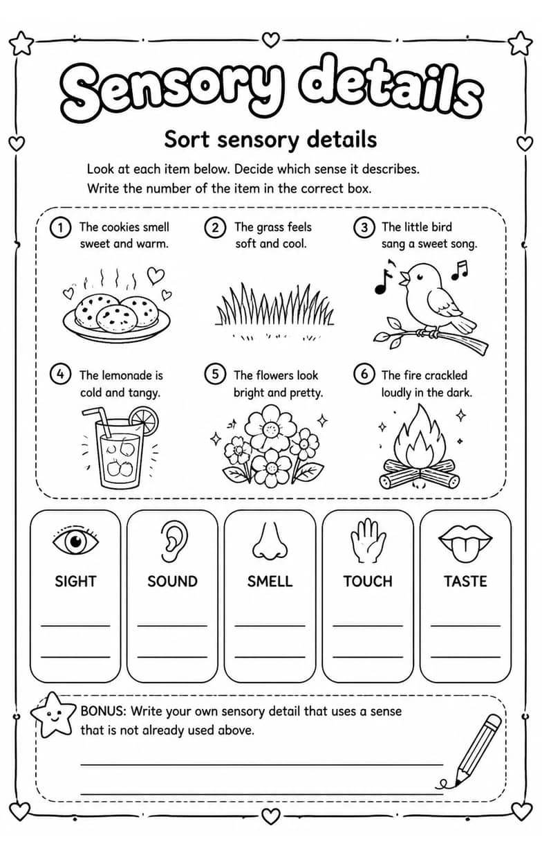 Sort sensory details — free printable Reading strategies English worksheet