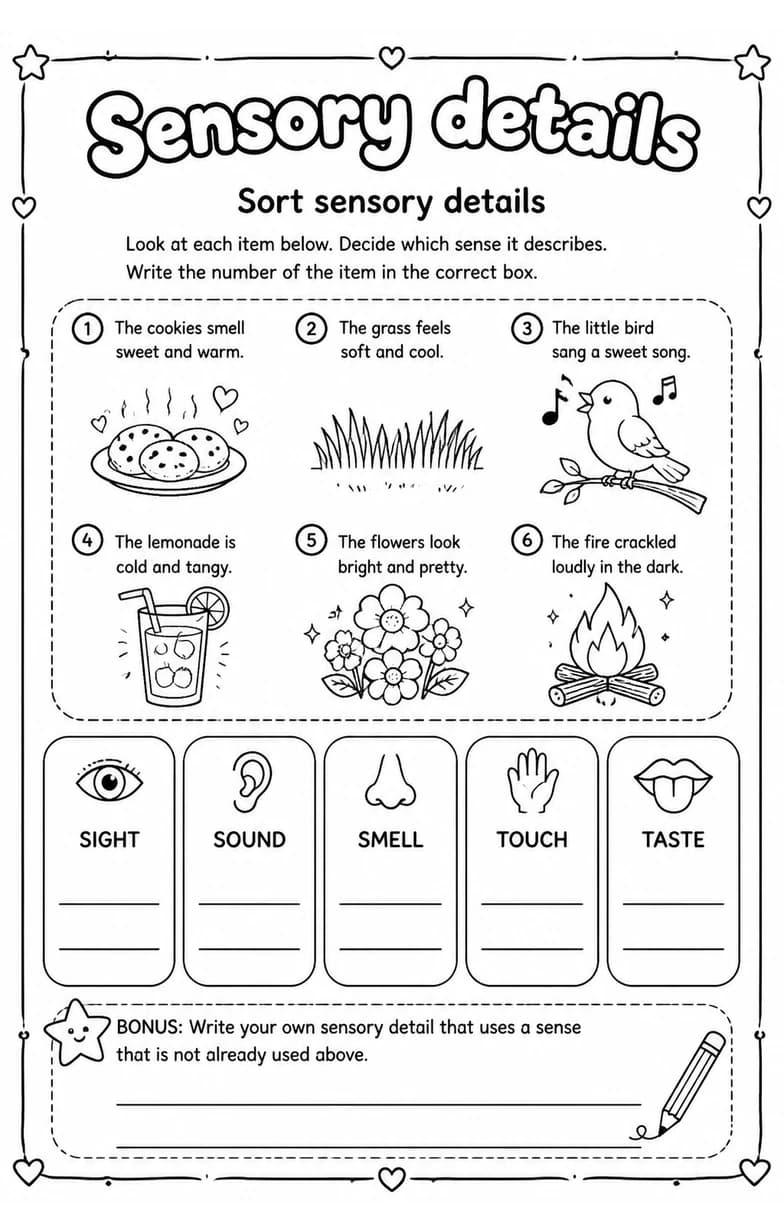 Sort sensory details — free printable Reading strategies English worksheet