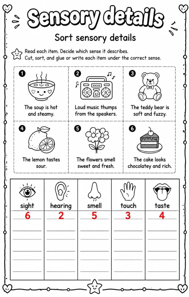 Answer key for Sort sensory details — free printable English & Reading worksheet