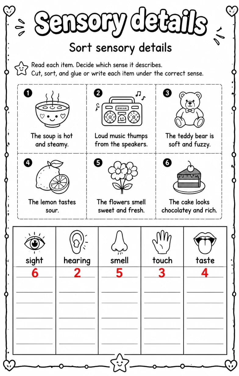 Answer key for Sort sensory details — free printable English & Reading worksheet
