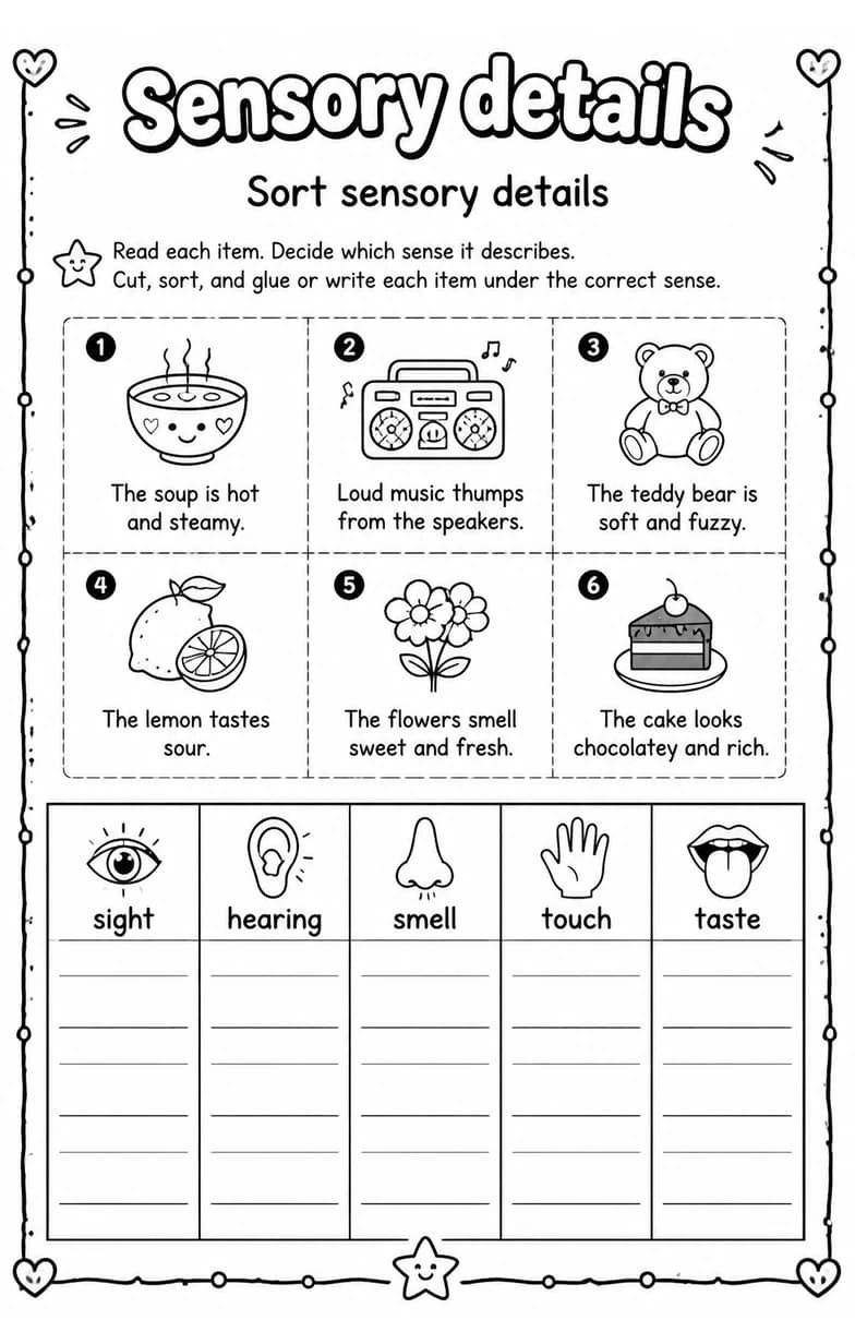 Sort sensory details — free printable Grade 5 English & Reading worksheet