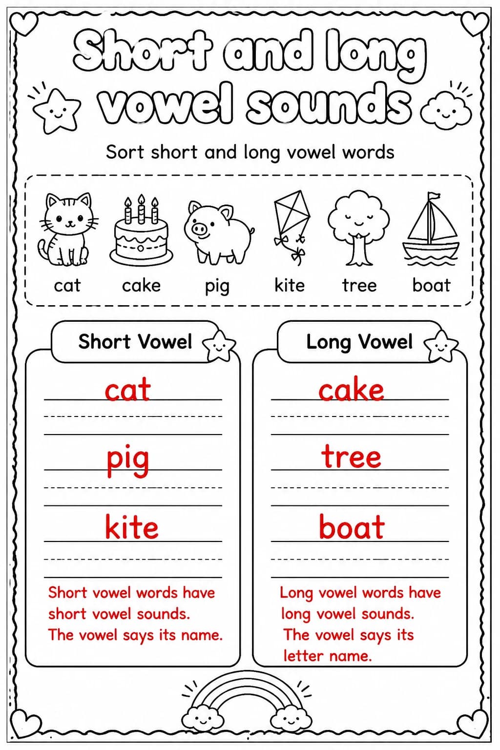 Answer key for Sort short and long vowel words — free printable English & Reading worksheet