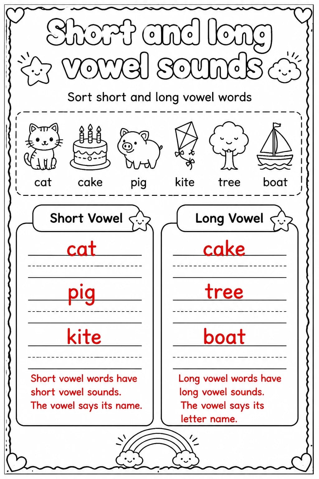Answer key for Sort short and long vowel words — free printable English & Reading worksheet
