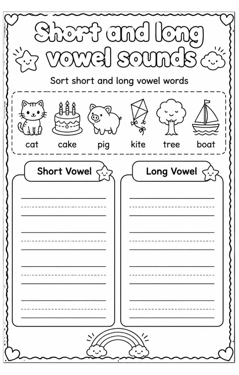 Sort short and long vowel words — free printable Grade 1 English & Reading worksheet