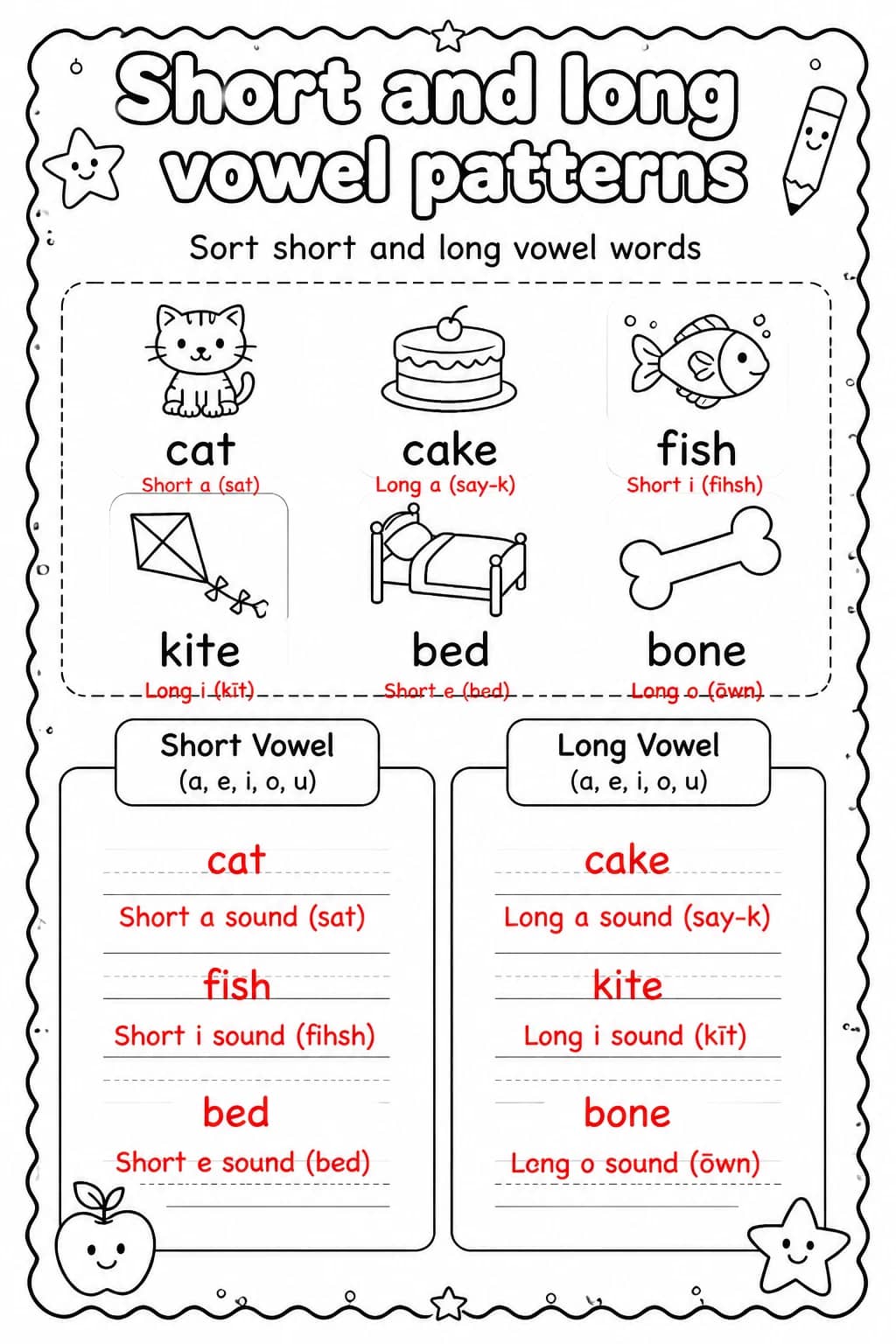Answer key for Sort short and long vowel words — free printable English & Reading worksheet