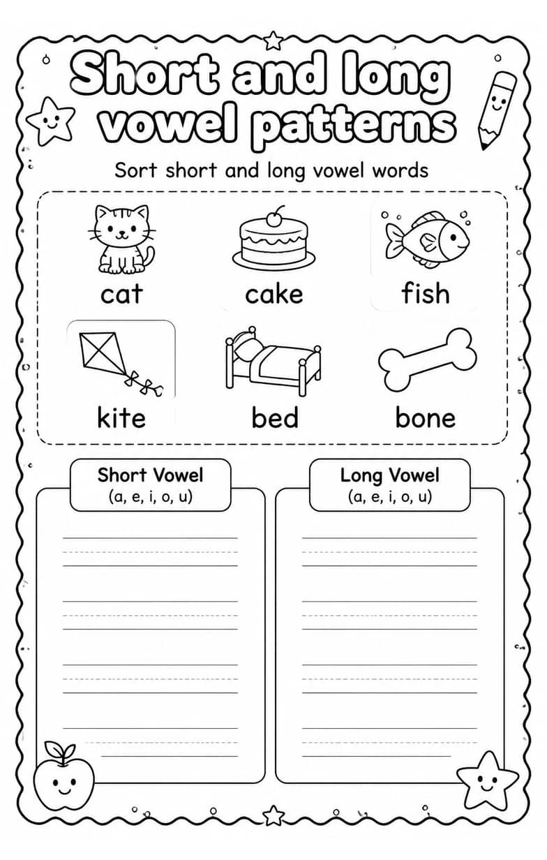 Sort short and long vowel words — free printable Reading foundations English worksheet