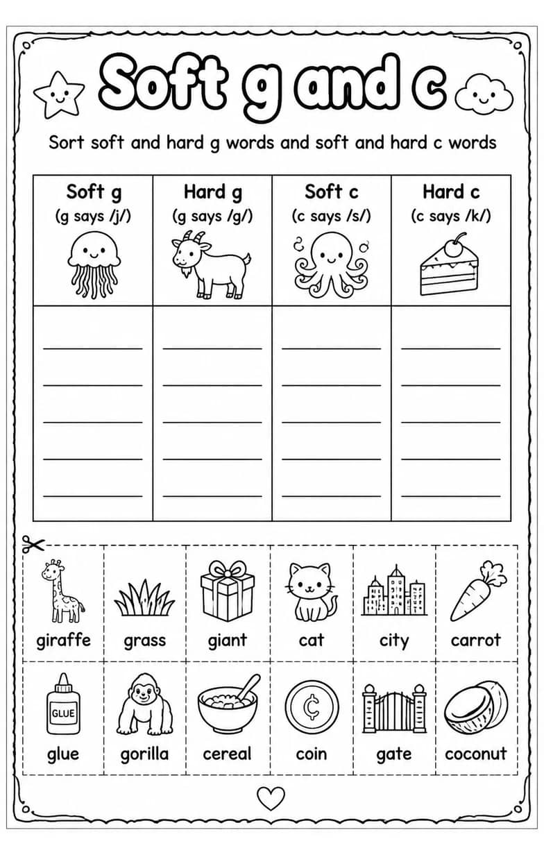 Sort soft and hard g words and soft and hard c words — free printable Reading foundations English worksheet