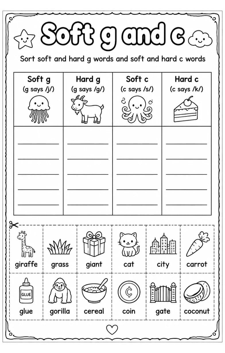 Sort soft and hard g words and soft and hard c words — free printable Grade 2 English & Reading worksheet
