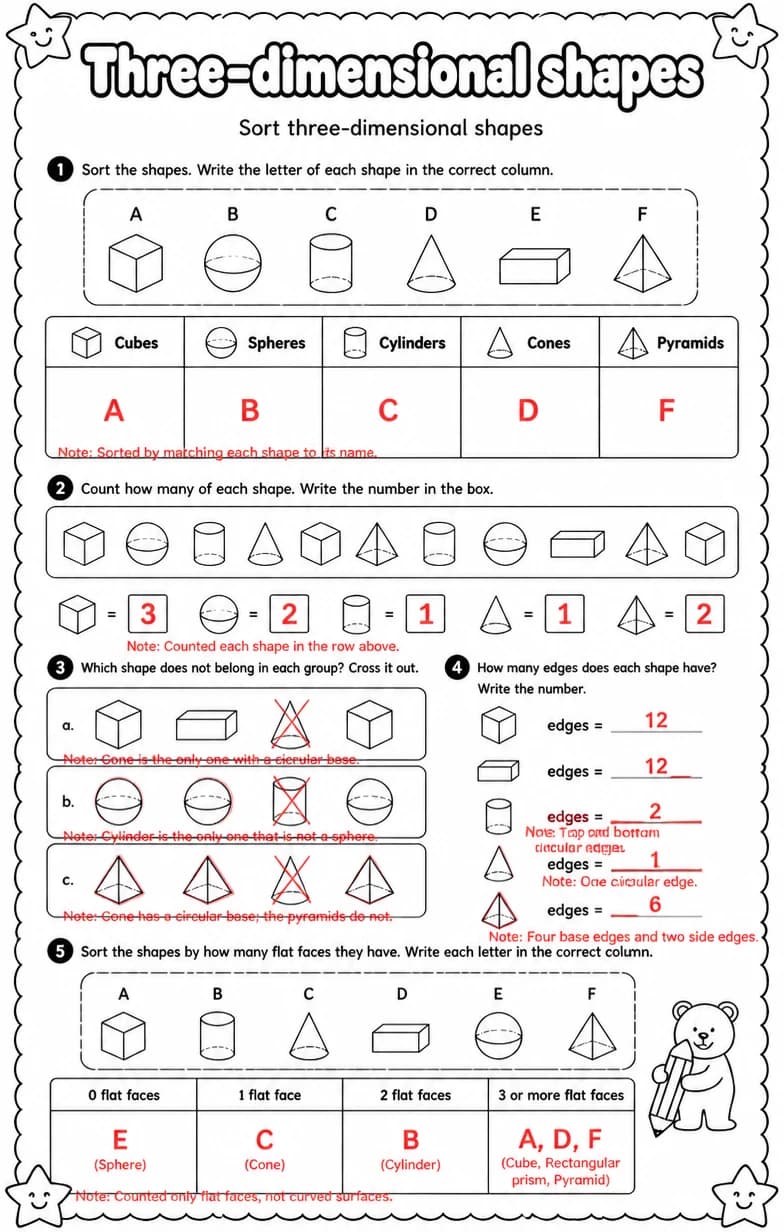 Answer key for Sort three-dimensional shapes — free printable Math worksheet