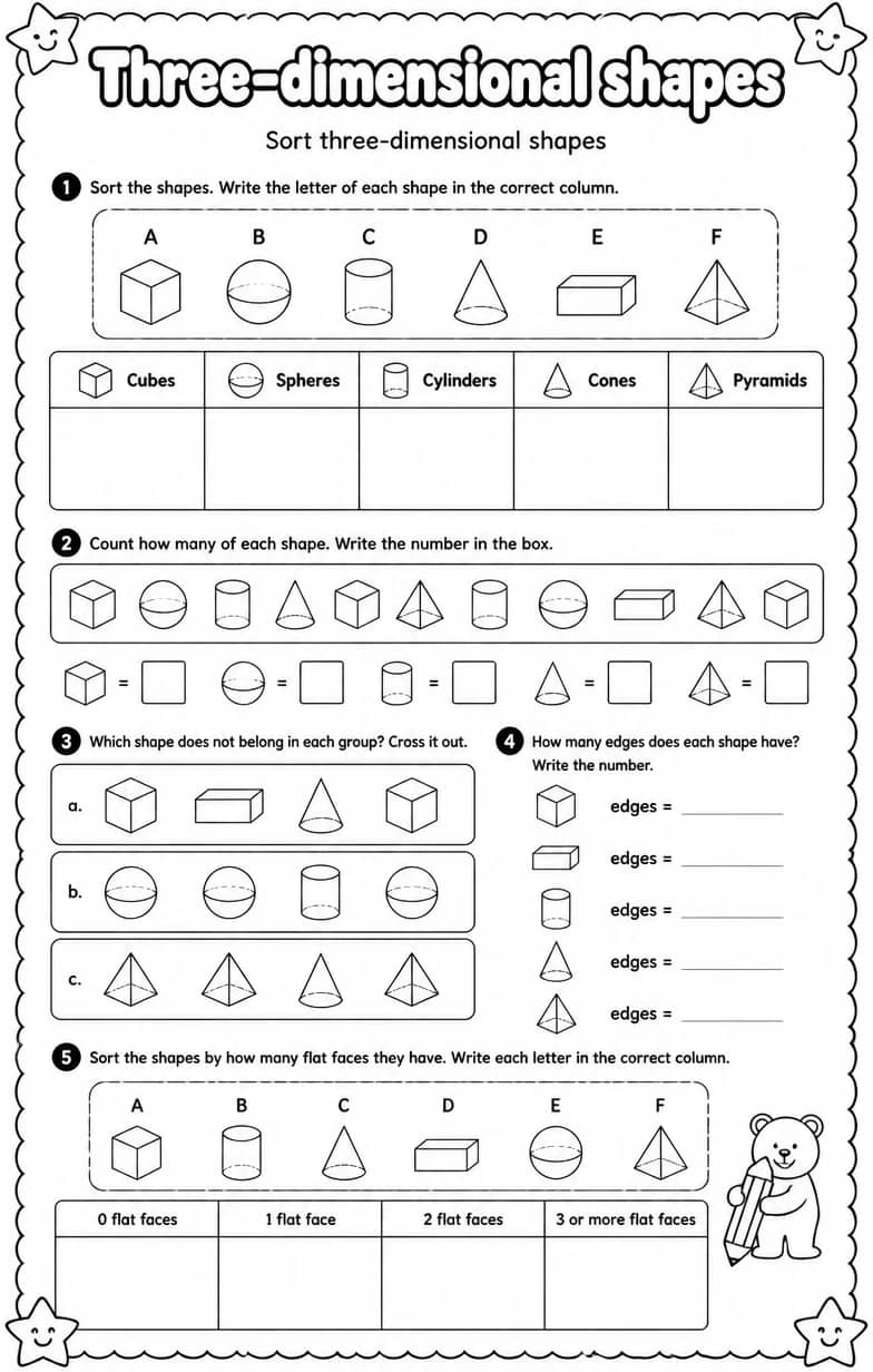 Sort three-dimensional shapes — free printable Grade 1 math worksheet