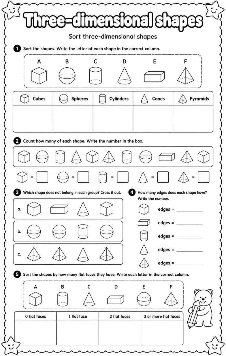Sort three-dimensional shapes — free printable Grade 1 Math worksheet