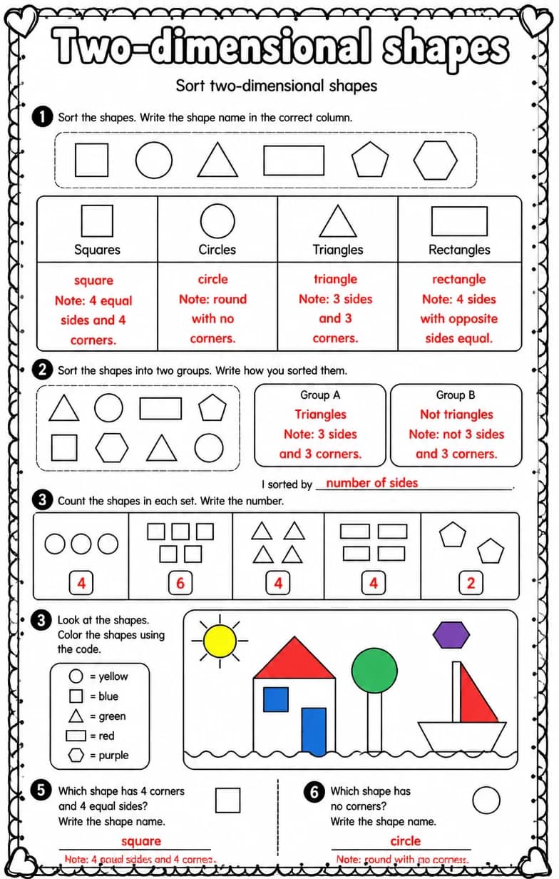 Answer key for Sort two-dimensional shapes — free printable Math worksheet