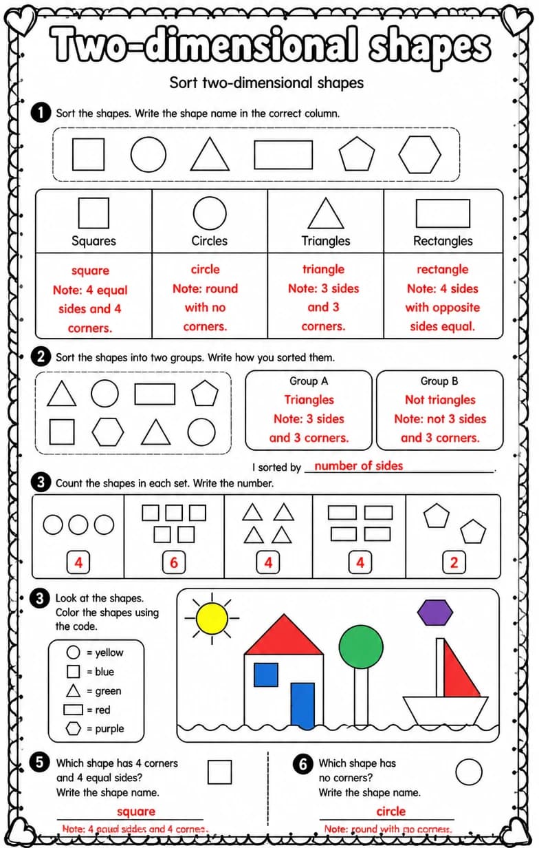 Answer key for Sort two-dimensional shapes — free printable Math worksheet