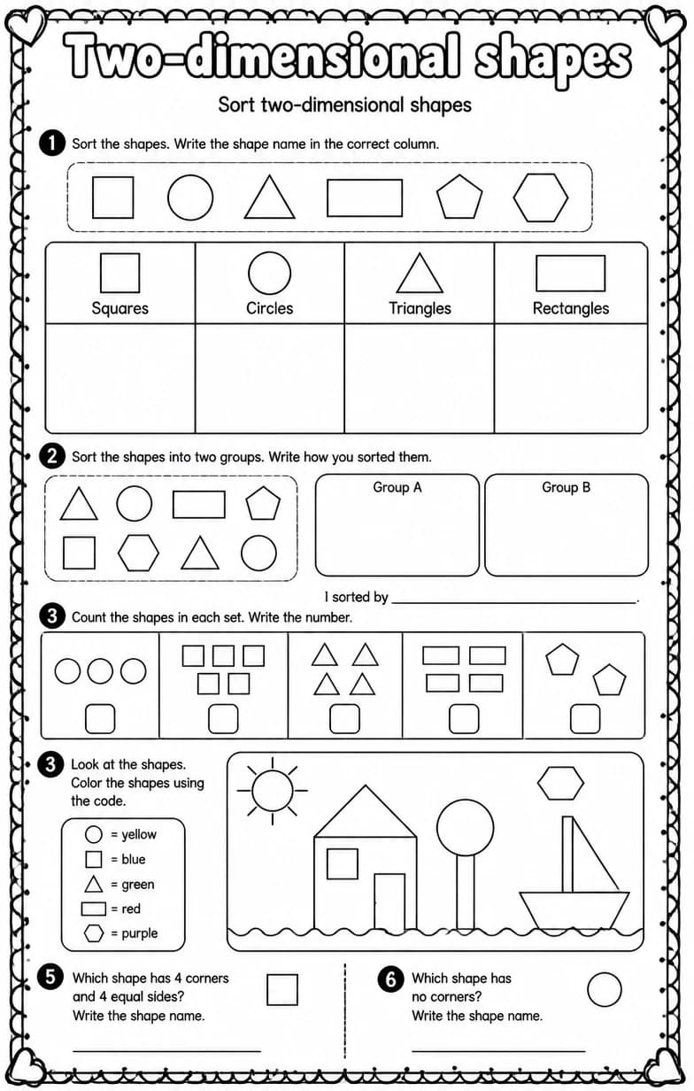 Sort two-dimensional shapes — free printable Grade 1 Math worksheet