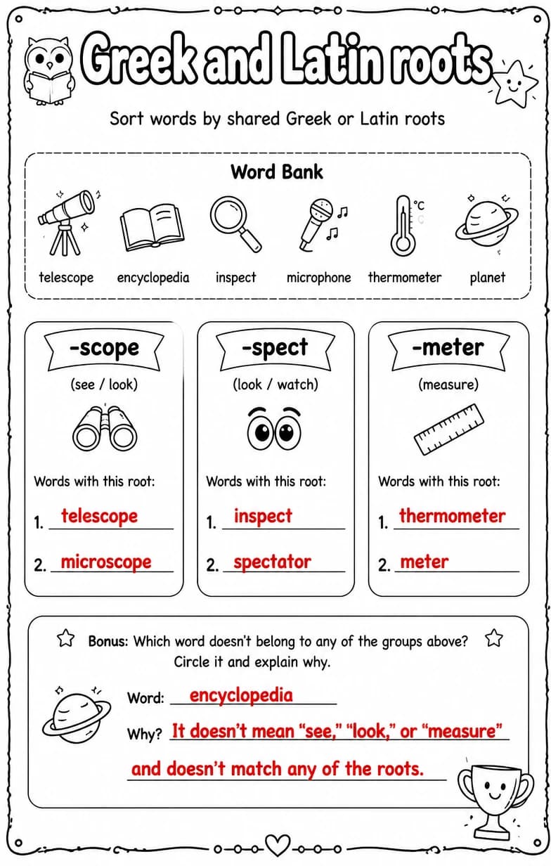 Answer key for Sort words by shared Greek or Latin roots — free printable English & Reading worksheet