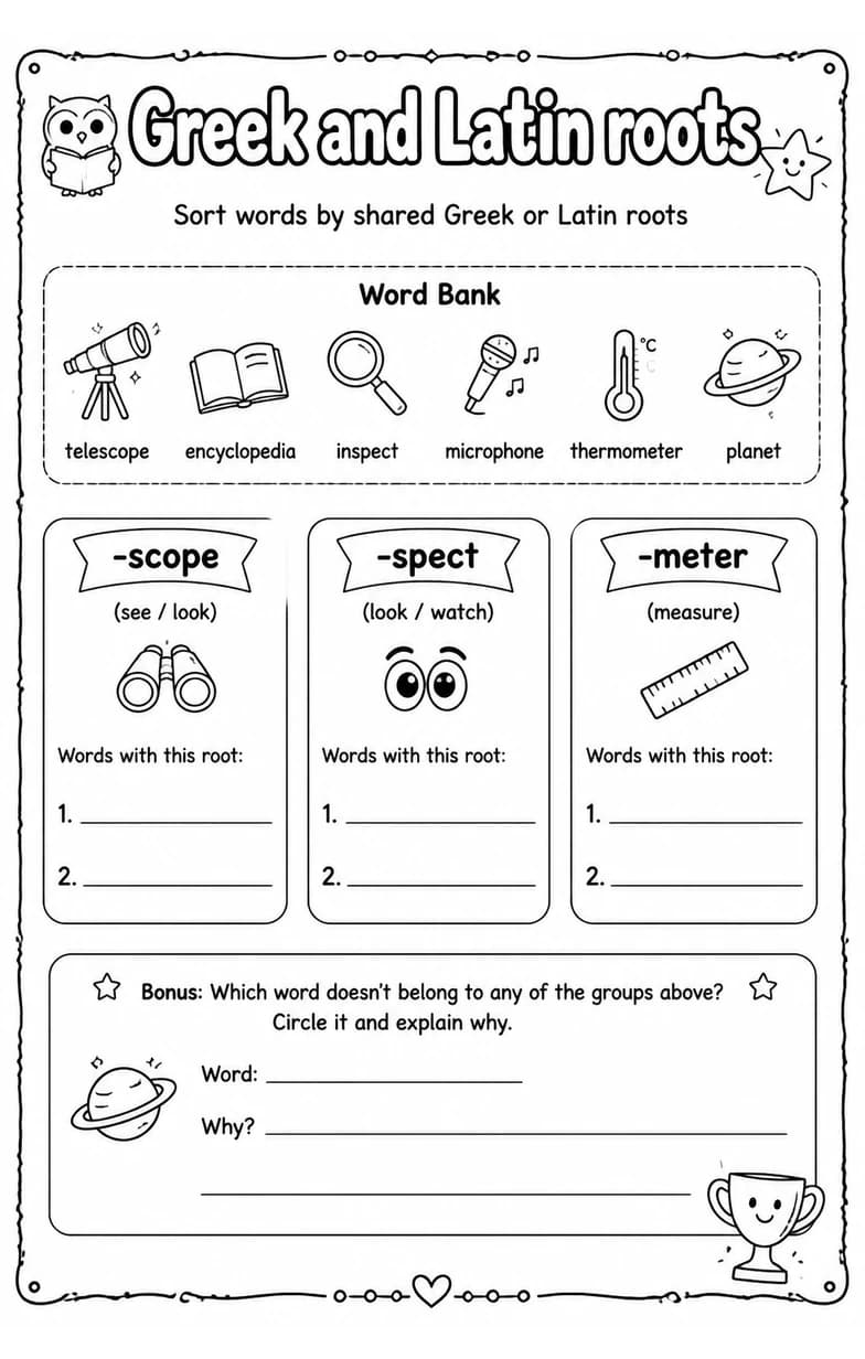 Sort words by shared Greek or Latin roots — free printable Vocabulary English worksheet