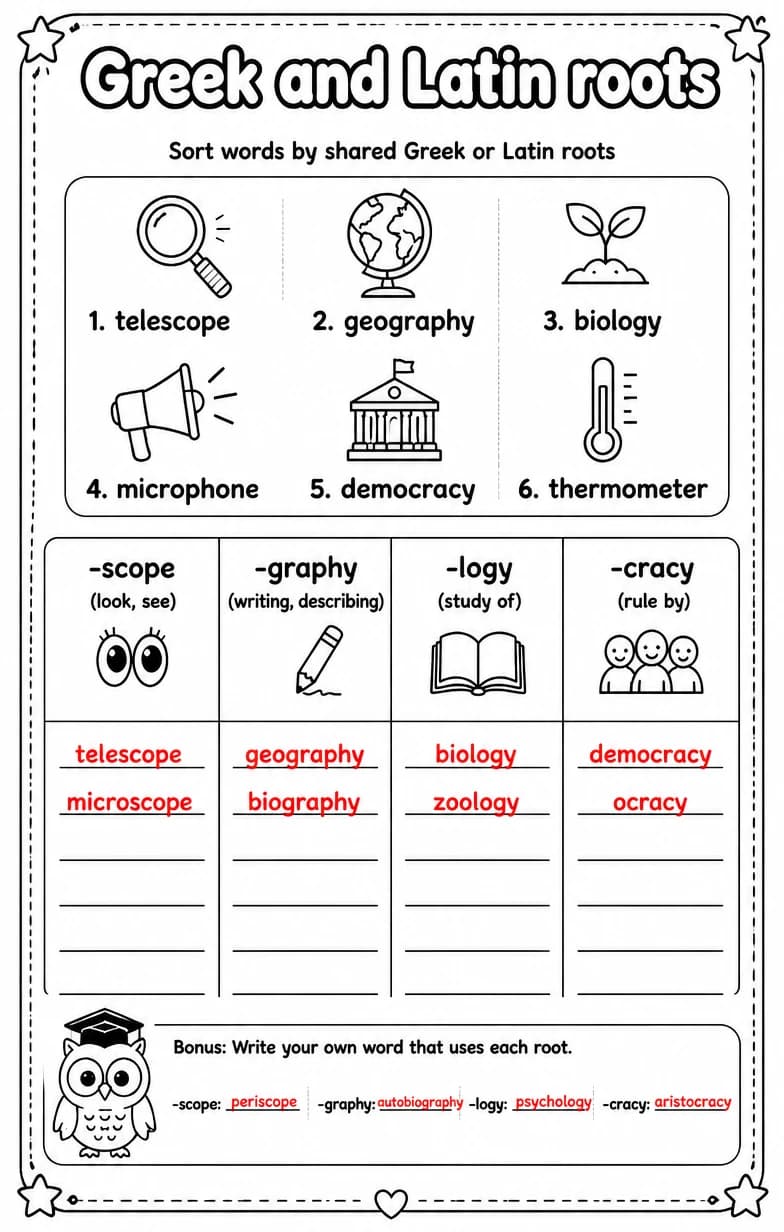 Answer key for Sort words by shared Greek or Latin roots — free printable English & Reading worksheet