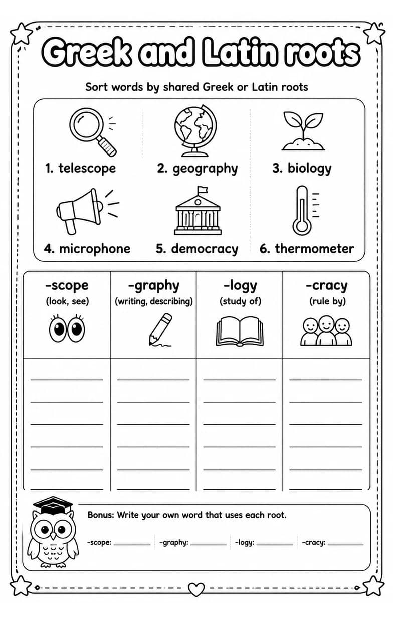 Sort words by shared Greek or Latin roots — free printable Vocabulary English worksheet