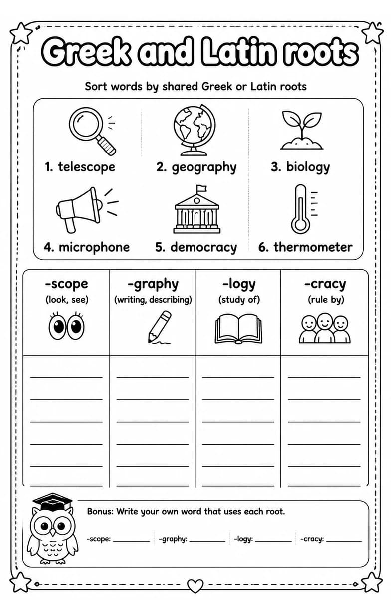 Sort words by shared Greek or Latin roots — free printable Vocabulary English worksheet