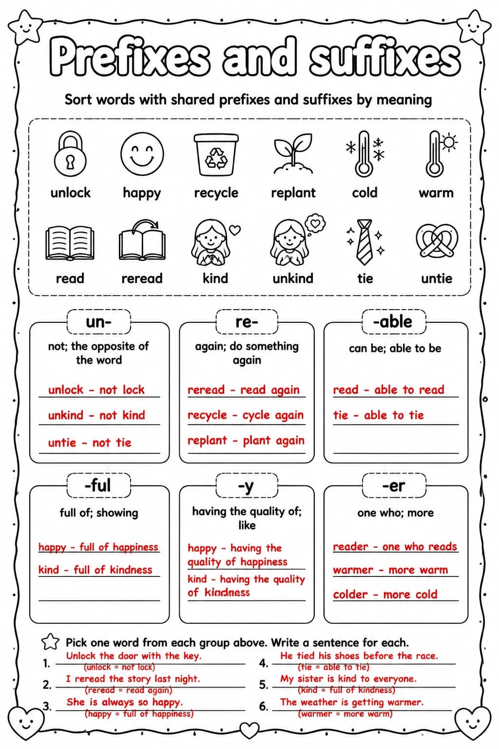 Answer key for Sort words with shared prefixes and suffixes by meaning — free printable English & Reading worksheet