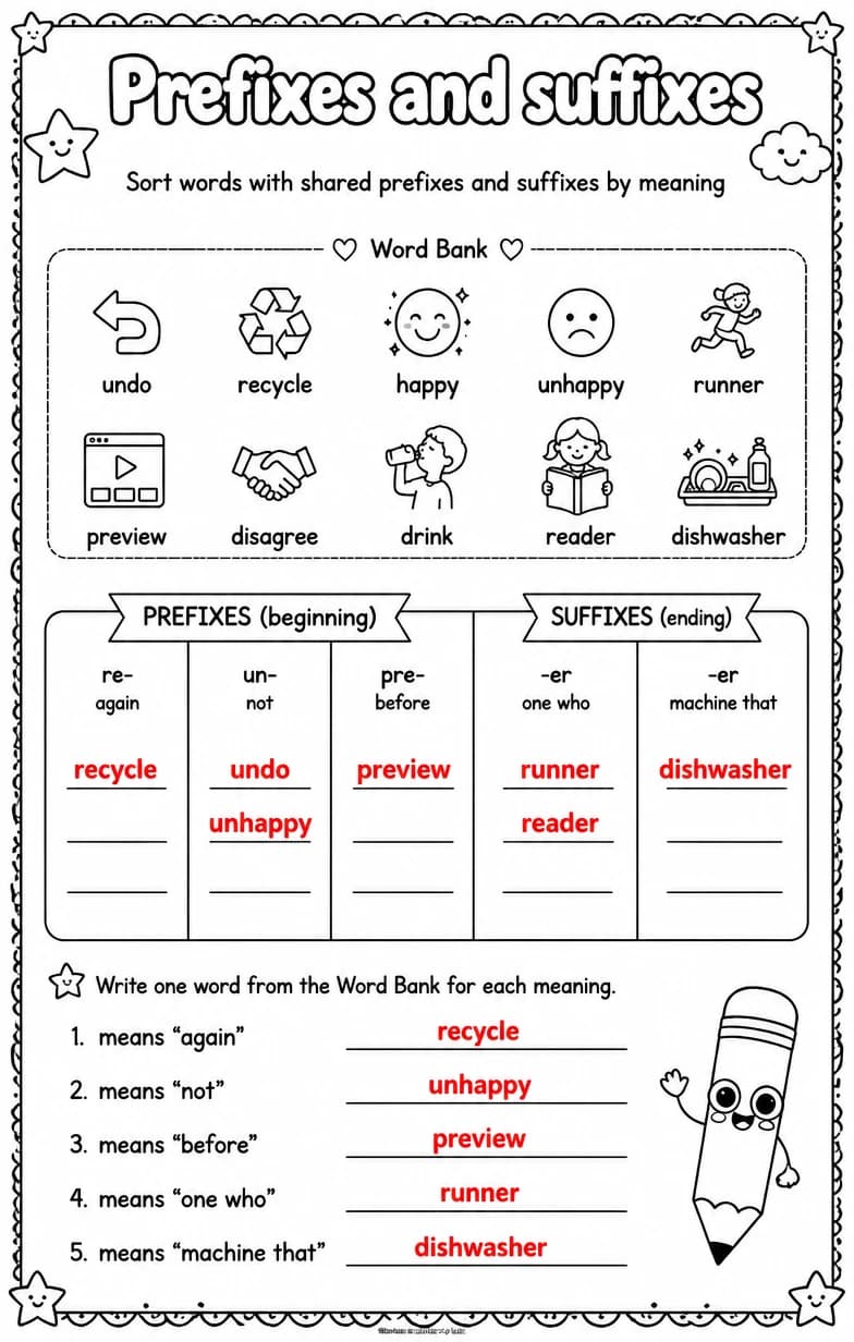 Answer key for Sort words with shared prefixes and suffixes by meaning — free printable English & Reading worksheet