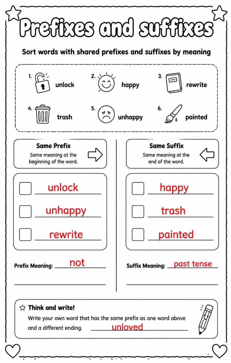 Answer key for Sort words with shared prefixes and suffixes by meaning — free printable English & Reading worksheet