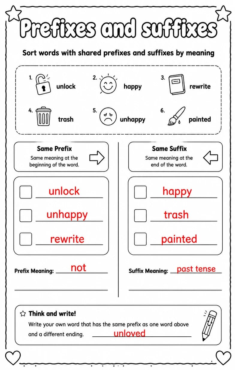 Answer key for Sort words with shared prefixes and suffixes by meaning — free printable English & Reading worksheet