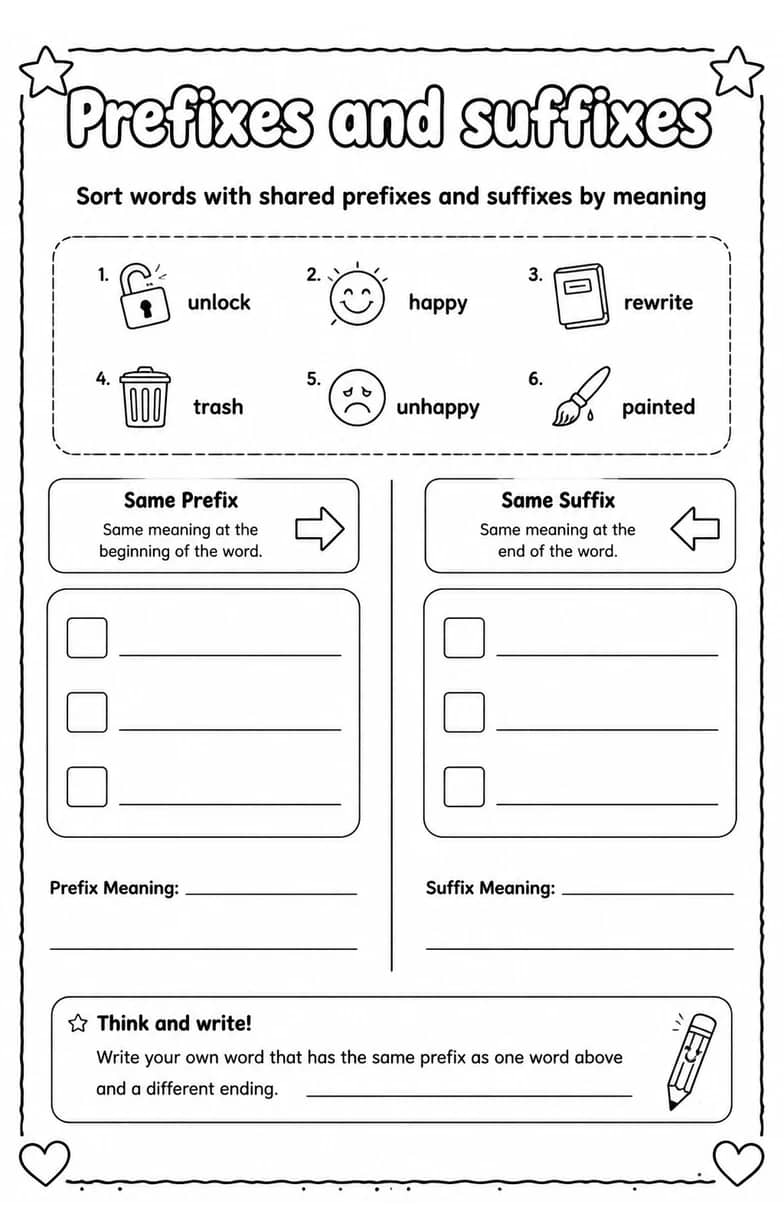 Sort words with shared prefixes and suffixes by meaning — free printable Vocabulary English worksheet
