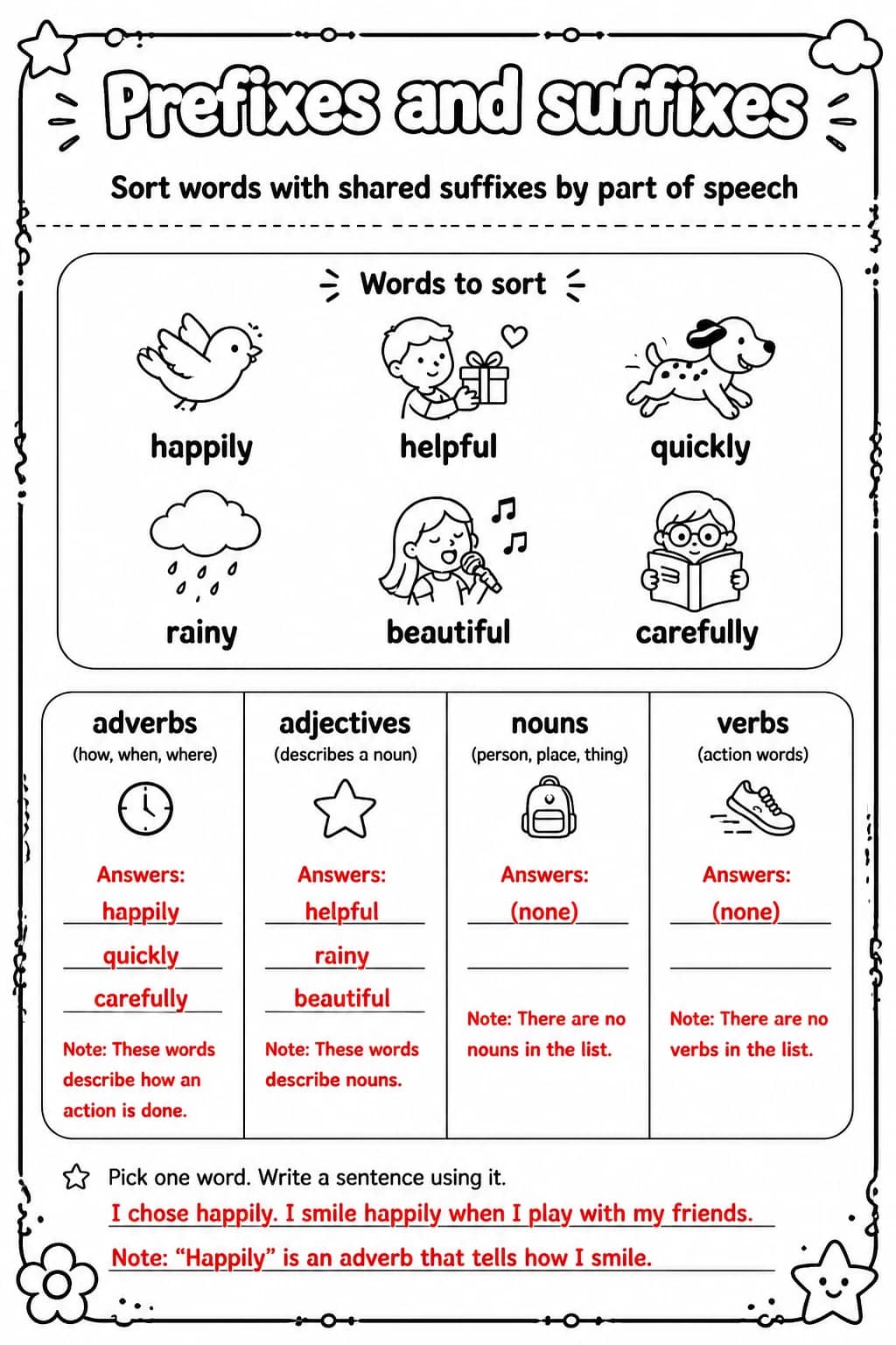 Answer key for Sort words with shared suffixes by part of speech — free printable English & Reading worksheet
