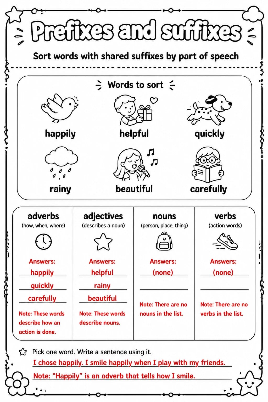 Answer key for Sort words with shared suffixes by part of speech — free printable English & Reading worksheet