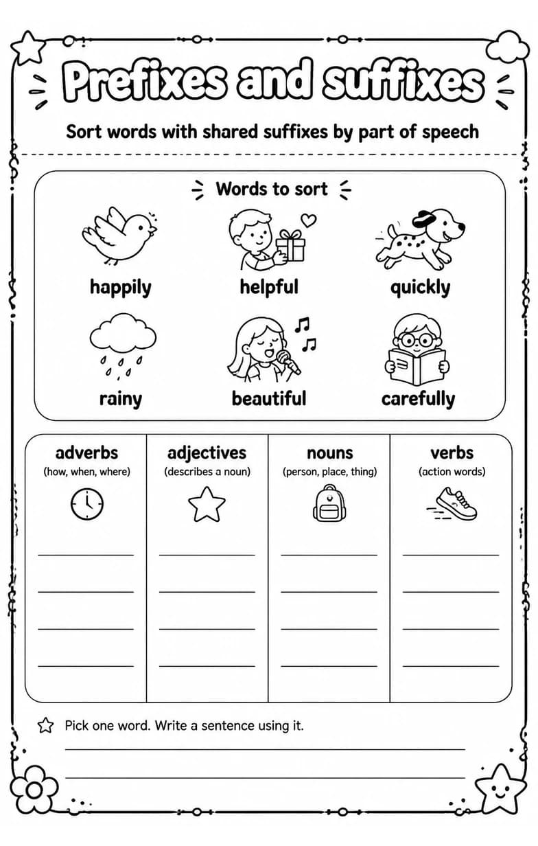 Sort words with shared suffixes by part of speech — free printable Grade 3 English & Reading worksheet