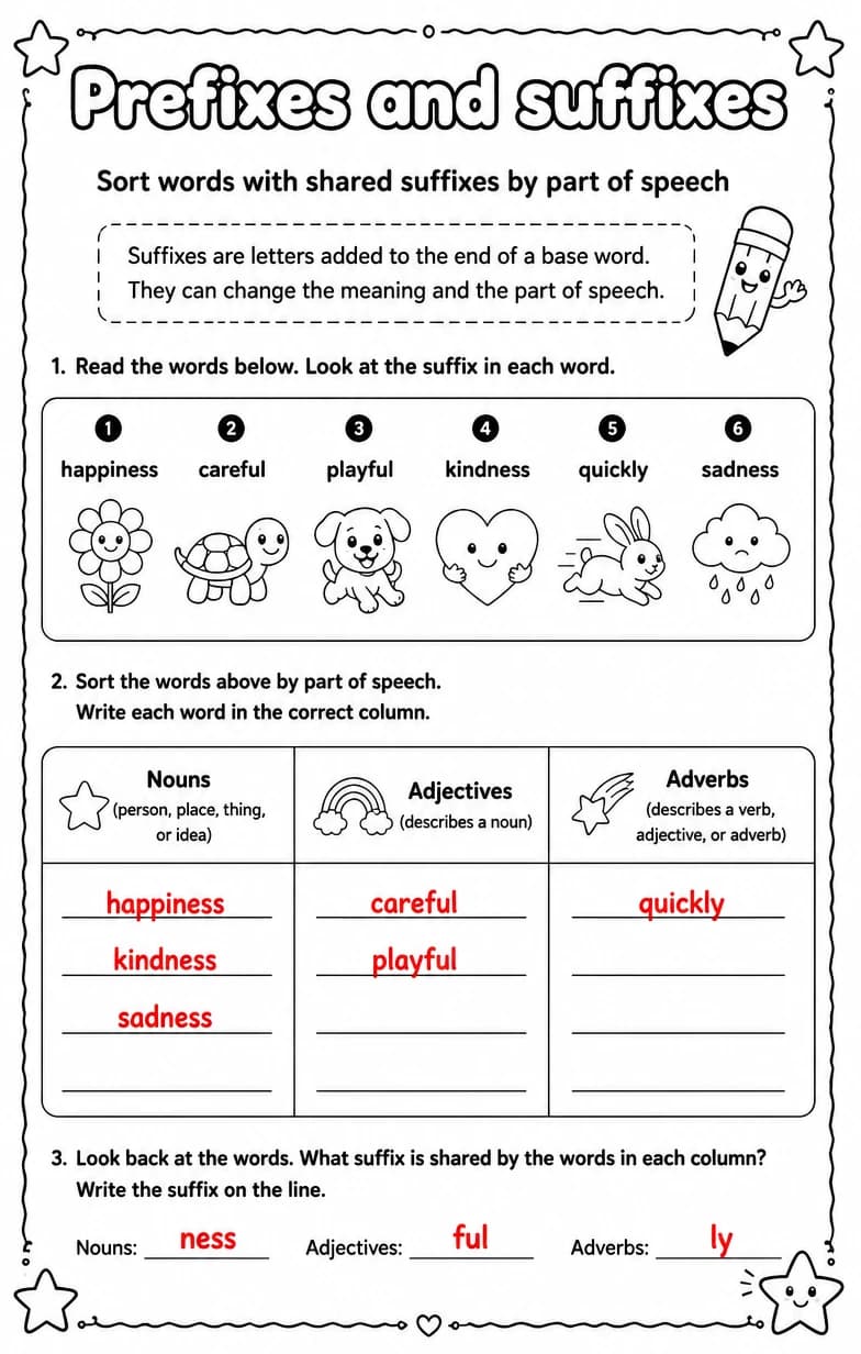 Answer key for Sort words with shared suffixes by part of speech — free printable English & Reading worksheet