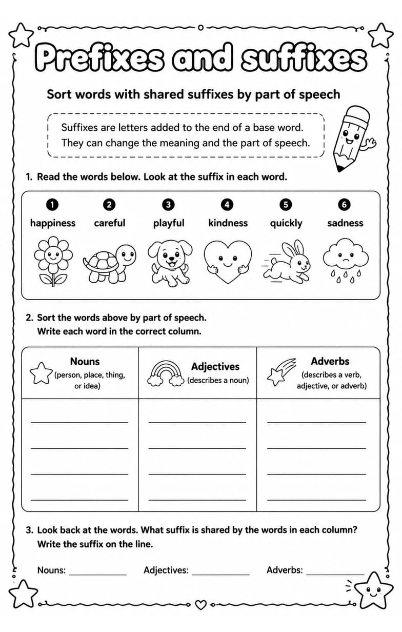 Sort words with shared suffixes by part of speech — free printable Vocabulary English worksheet