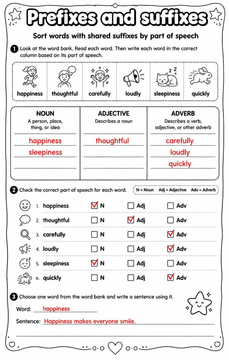 Answer key for Sort words with shared suffixes by part of speech — free printable English & Reading worksheet