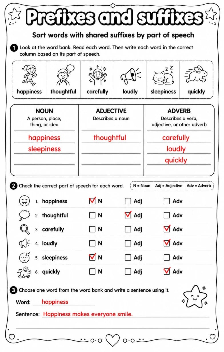 Answer key for Sort words with shared suffixes by part of speech — free printable English & Reading worksheet