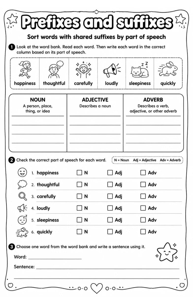 Sort words with shared suffixes by part of speech — free printable Grade 5 English & Reading worksheet